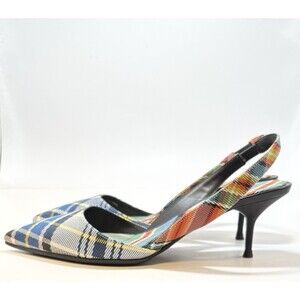 Burberry Annice Tartan Slingback Pumps Multicolor Plaid Canvas Sz EU 36.5 6.5